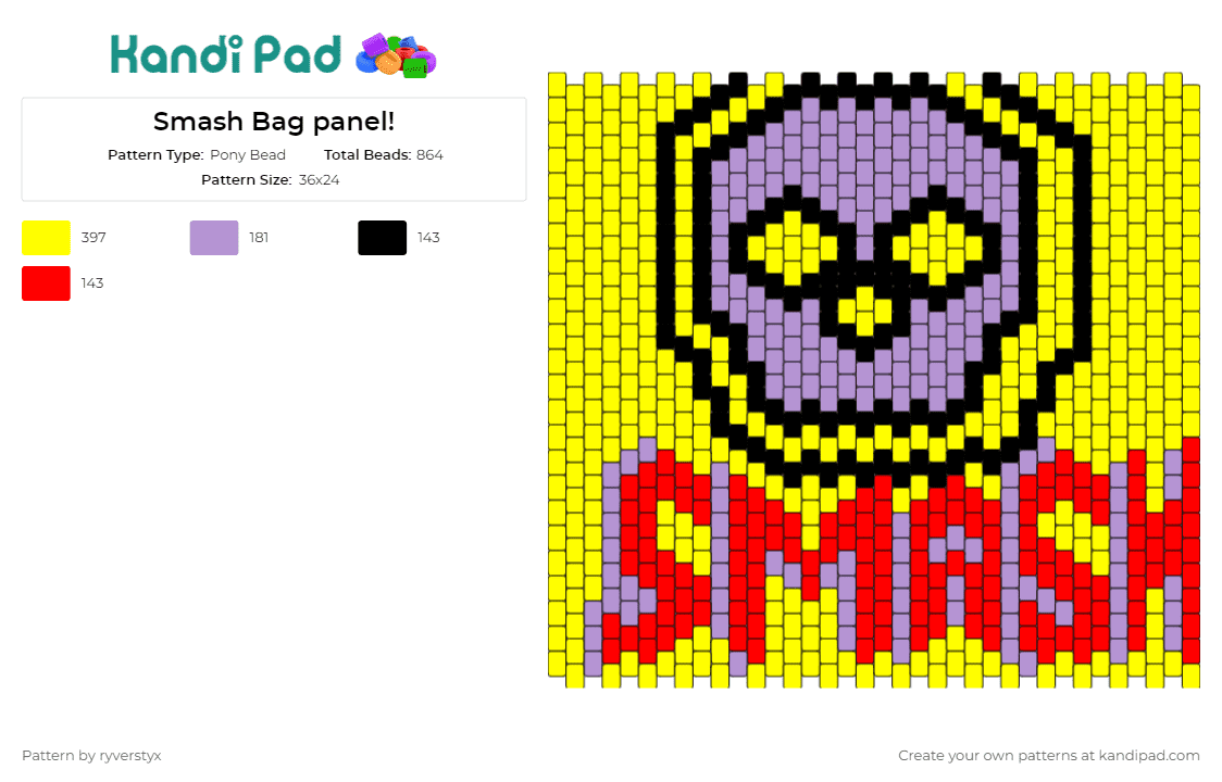 Smash Bag panel! - Pony Bead Pattern by ryverstyx on Kandi Pad - smash,skull,bag,panel,gaming,competition,bold,playful,statement,text,yellow,red