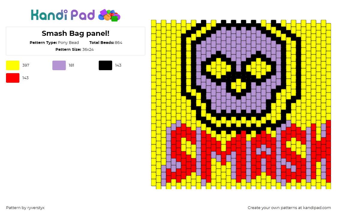 Smash Bag panel! - Pony Bead Pattern by ryverstyx on Kandi Pad - smash,skull,bag,panel,gaming,competition,bold,playful,statement,text,yellow,red