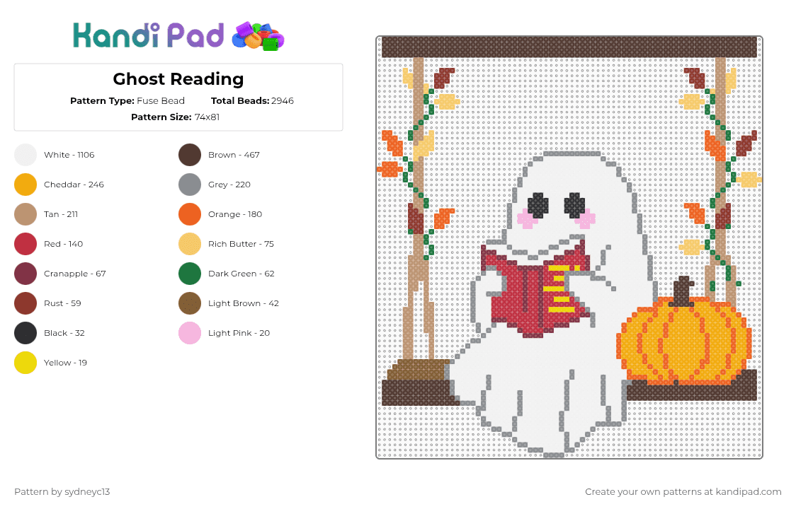 Ghost Reading - Fuse Bead Pattern by sydneyc13 on Kandi Pad - white,orange,brown,red,colorful,ghost,reading,book,pumpkin,spooky,halloween,fall