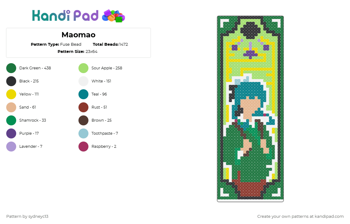 Maomao - Fuse Bead Pattern by sydneyc13 on Kandi Pad - green,yellow,maomao,apothecary diaries,anime,banner