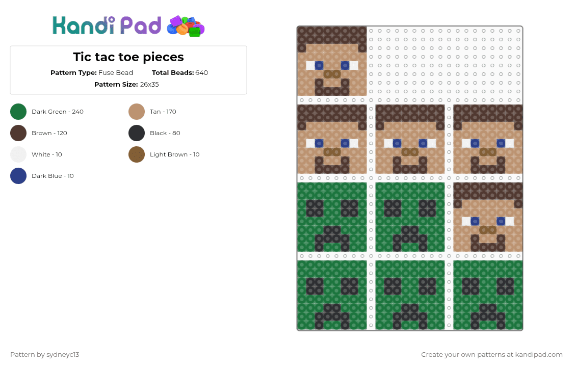 Tic tac toe pieces - Fuse Bead Pattern by sydneyc13 on Kandi Pad - game,gaming,video game,green,beige,brown,minecraft,tic tac toe,steve,creeper,games,video games