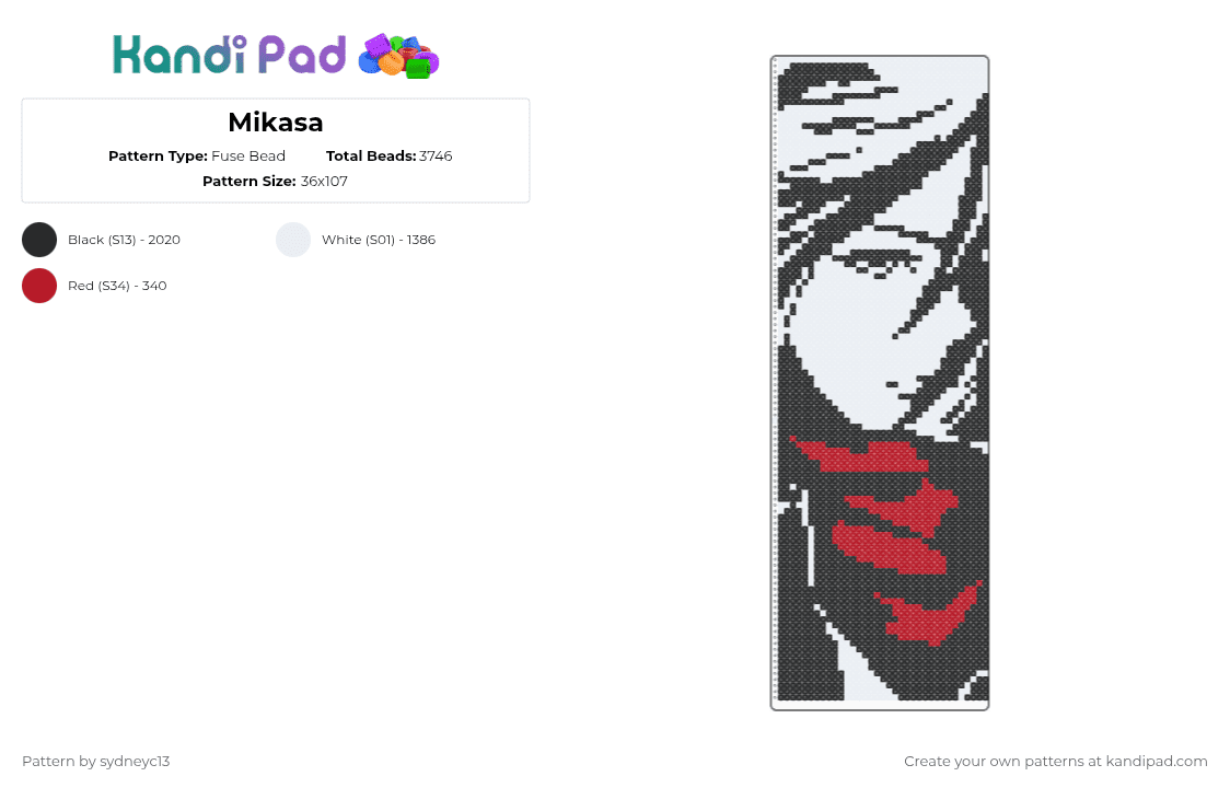 Mikasa - Fuse Bead Pattern by sydneyc13 on Kandi Pad - white,attack on titain,mikasa,mikasa ackerman,aot,anime