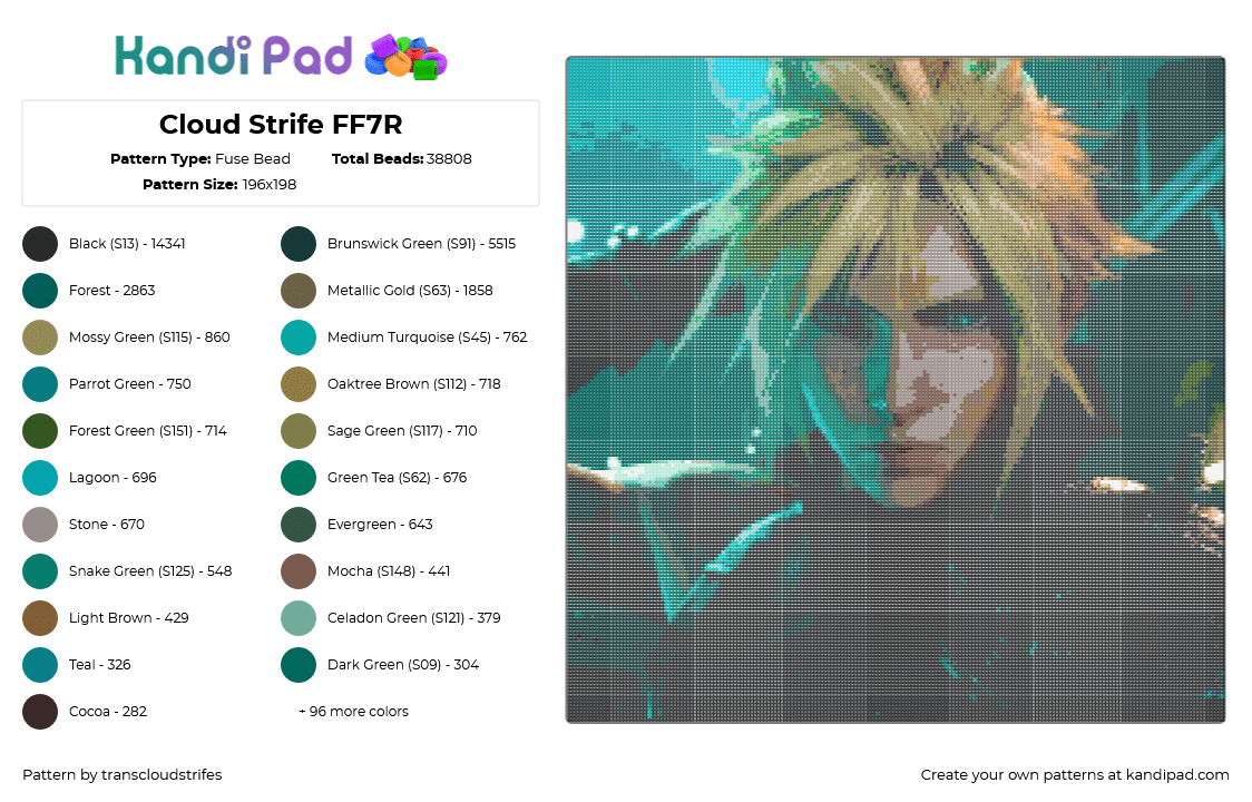 Cloud Strife FF7R - Fuse Bead Pattern by transcloudstrifes on Kandi Pad - finalfantasy,finalfantasy7,ff7r,cloudstrife,ffvii,finalfantasyviiremake