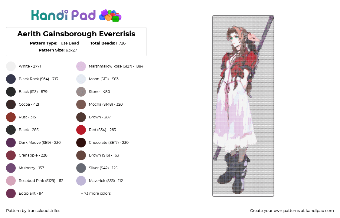 Aerith Gainsborough Evercrisis - Fuse Bead Pattern by transcloudstrifes on Kandi Pad - finalfantasy,finalfantasyvii,finalfantasy7,aerithgainsborough
