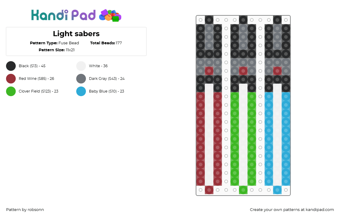 Light sabers - Fuse Bead Pattern by robsonn on Kandi Pad - gray,red,green,light blue
