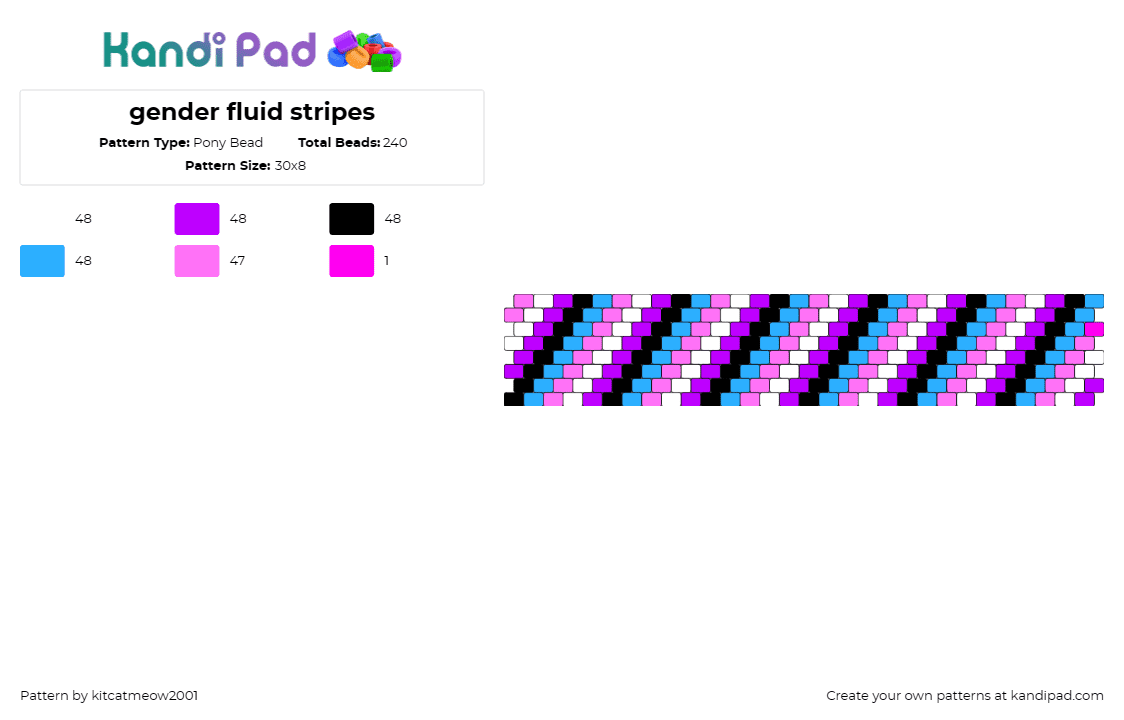 gender fluid stripes - Pony Bead Pattern by kitcatmeow2001 on Kandi Pad - gender fluid,pride,diagonal stripes,cuff,inclusivity,lgbtq+,identity,celebration