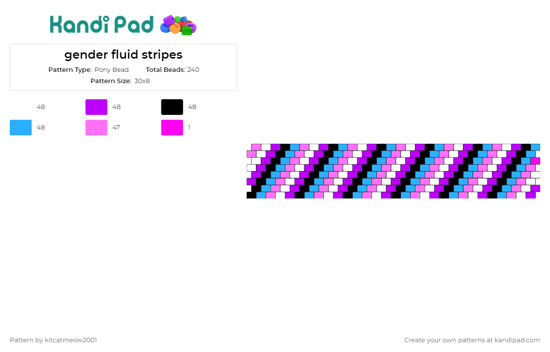 gender fluid stripes - Pony Bead Pattern by kitcatmeow2001 on Kandi Pad - gender fluid,pride,diagonal stripes,cuff,inclusivity,lgbtq+,identity,celebration,pink,purple
