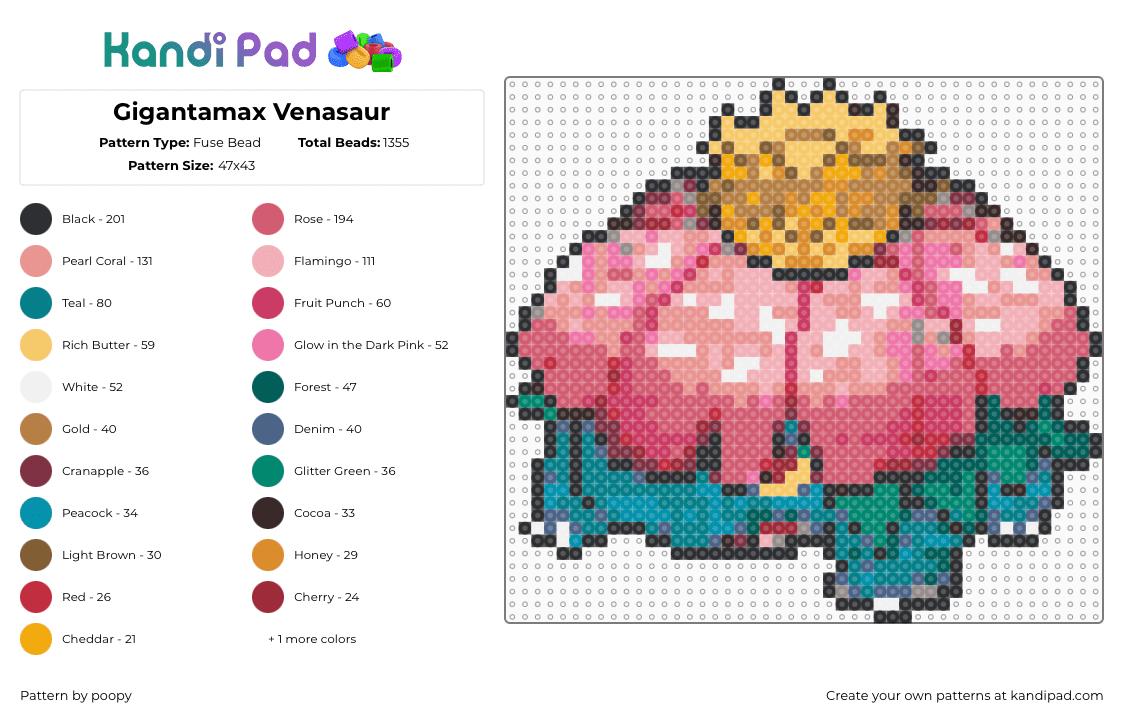Gigantamax Venasaur - Fuse Bead Pattern by poopy on Kandi Pad - red,pink,beige,teal