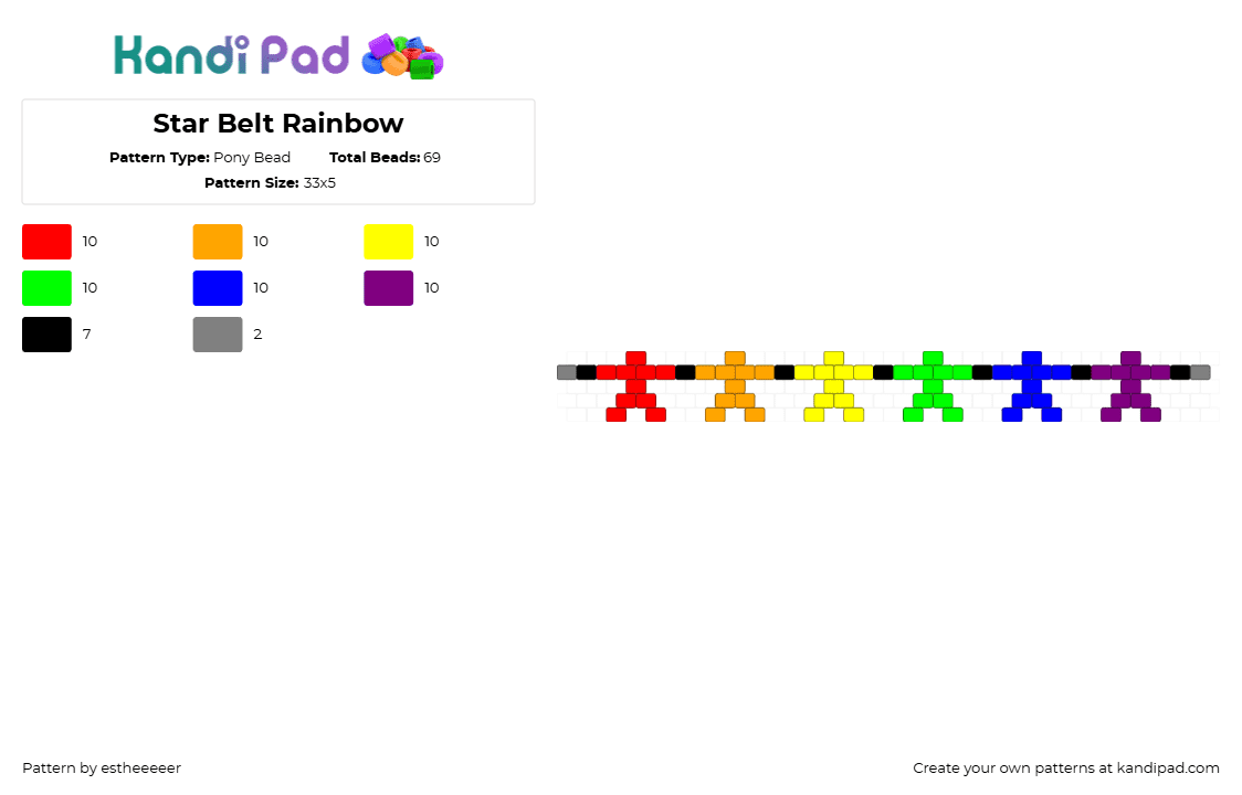 Star Belt Chain Rainbow - Pony Bead Pattern by wiltedwill on Kandi Pad - orange,green,pink,colorful,rainbow,belt,star,stars,rainbow star,rainbow belt,scene