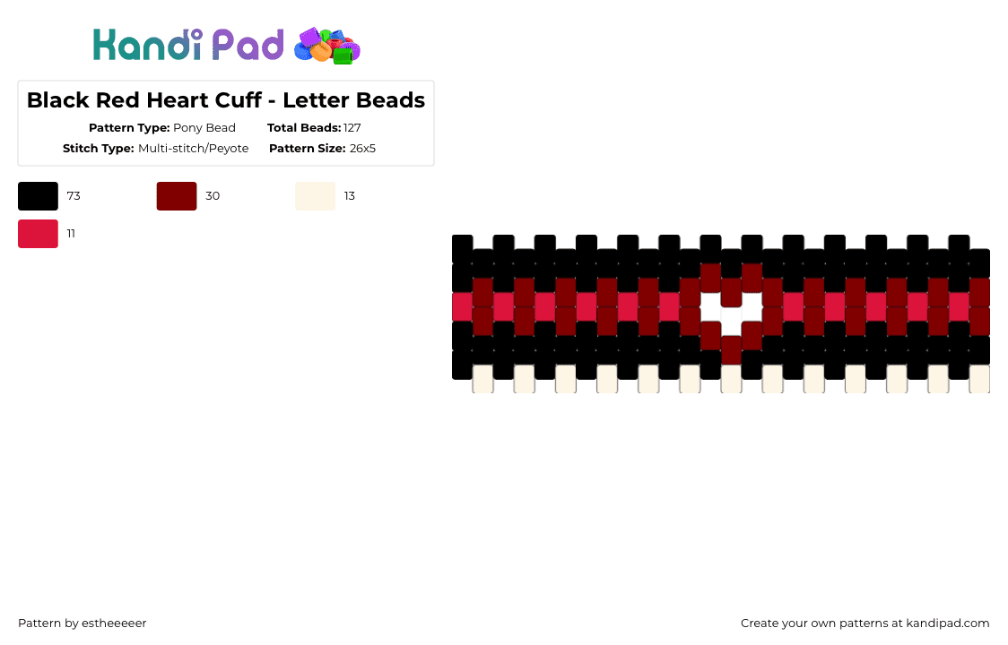 Black Red Heart Cuff - Letter Beads - Pony Bead Pattern by wiltedwill on Kandi Pad - black,brown,red,love,love me,heart,romantic,romance