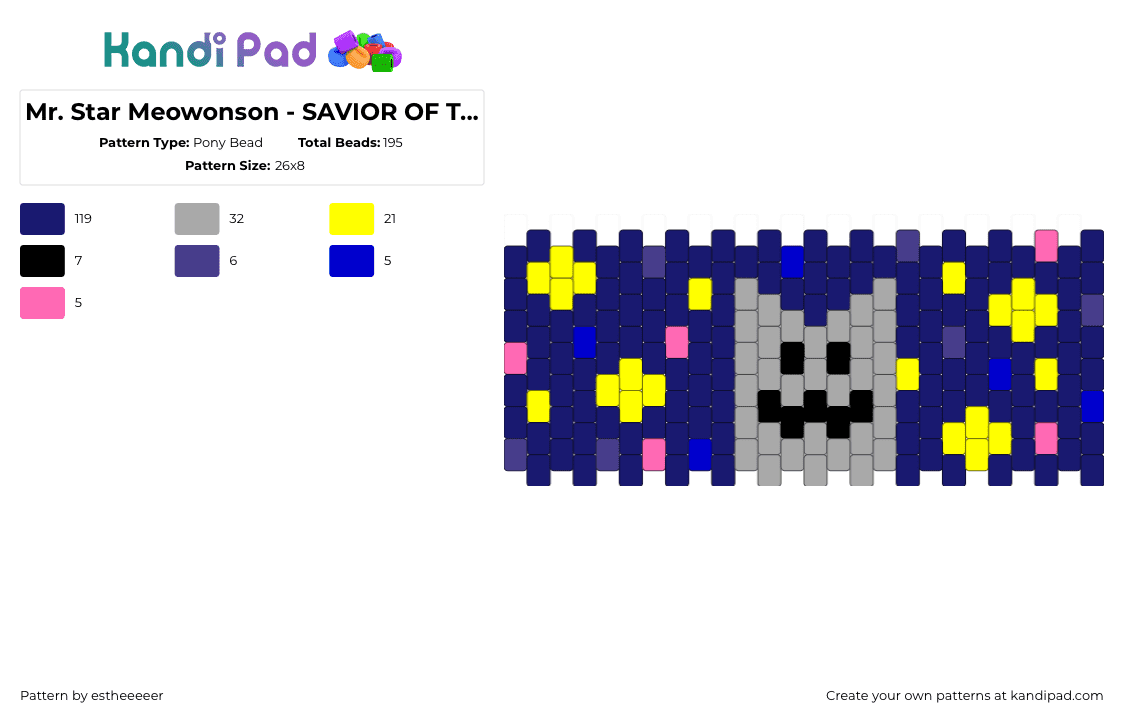Mr. Star Meowonson - SAVIOR OF THE GALAXIES - Pony Bead Pattern by wiltedwill on Kandi Pad - galaxy,cuff,animal,purple,cat,kitty,night,star,stars,kitten,cute