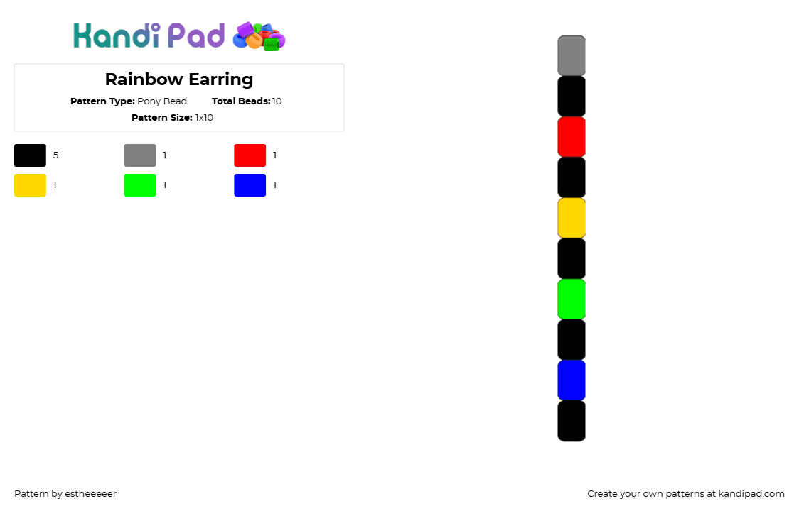 Rainbow Earring - Pony Bead Pattern by wiltedwill on Kandi Pad - black,red,green,colorful,rainbow,earring,scene,yellow,blue