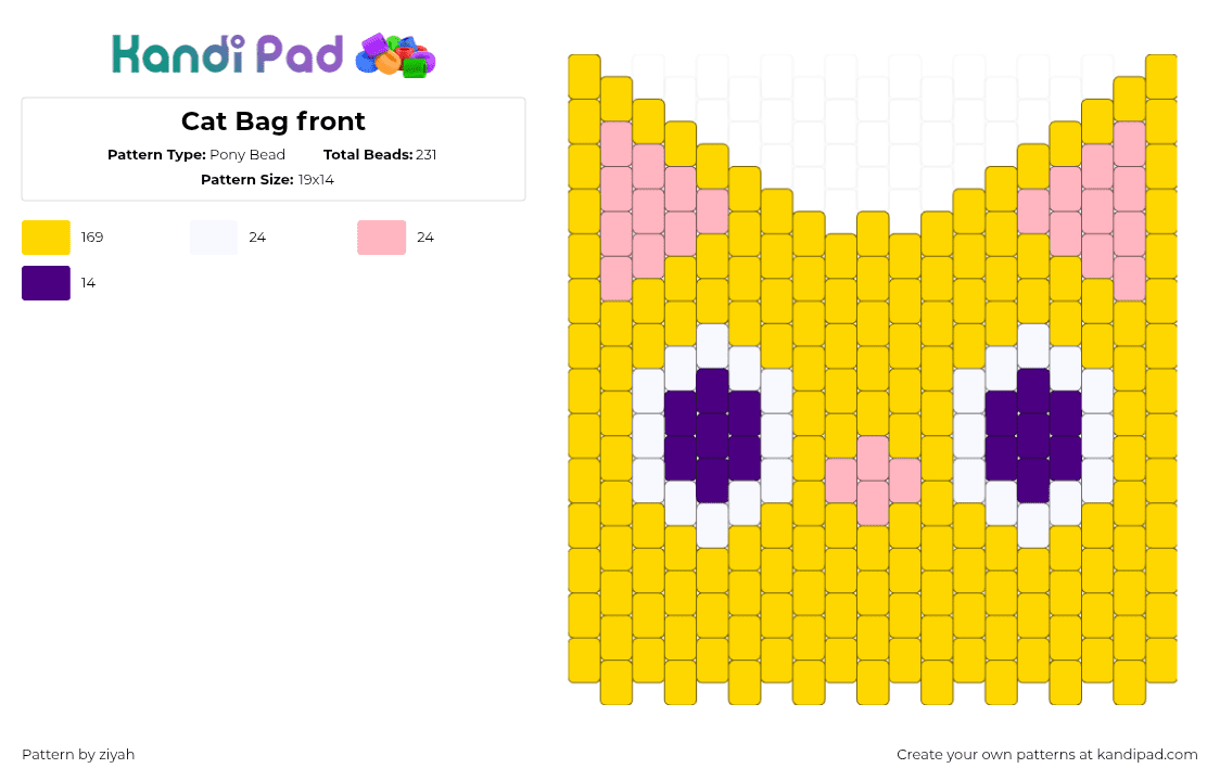 Cat Bag front - Pony Bead Pattern by ziyah on Kandi Pad - cat,bag,panel,animal,yellow