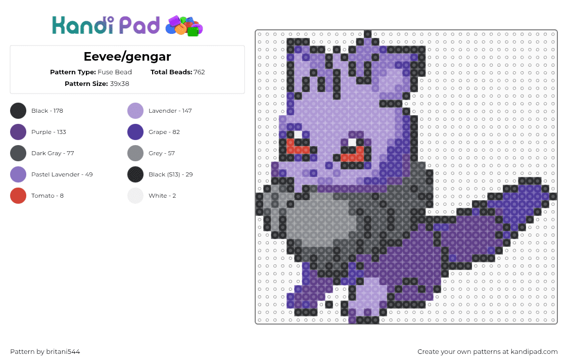 Eevee/gengar - Fuse Bead Pattern by britani544 on Kandi Pad - gray, pink, purple