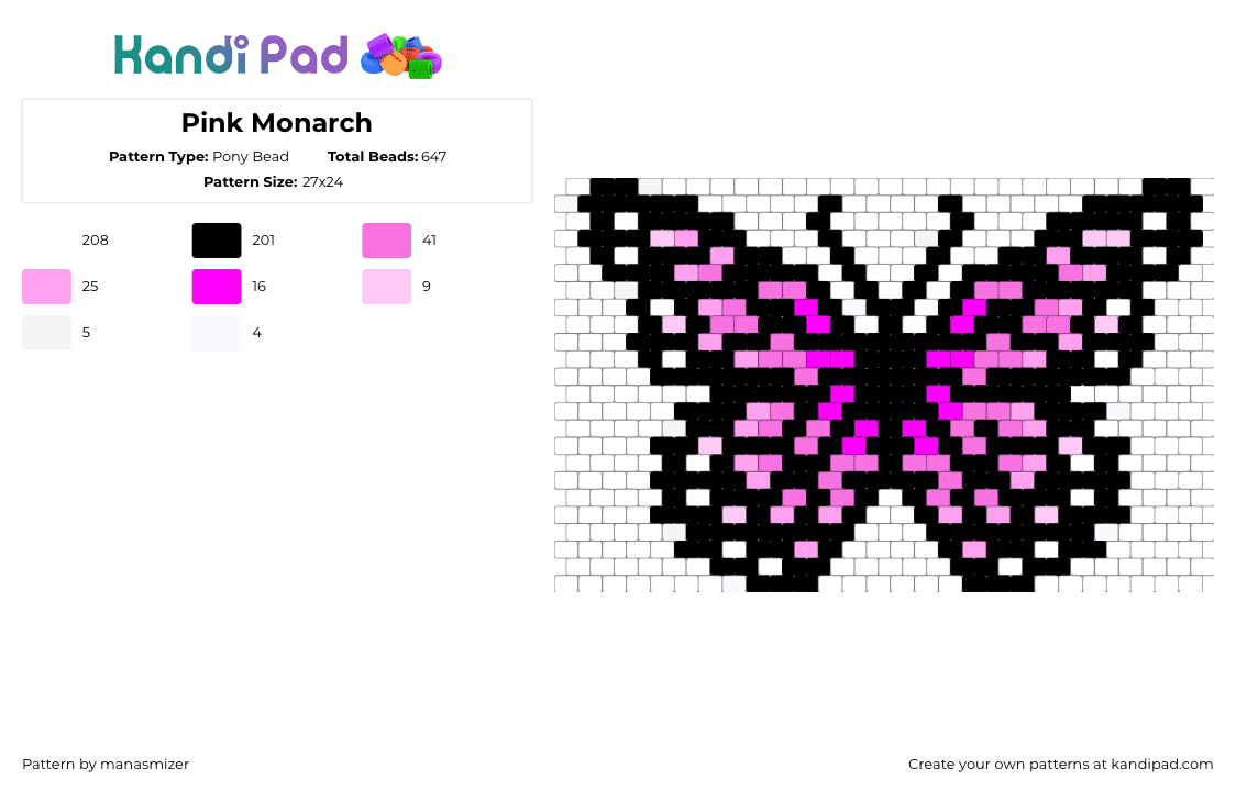 Pink Monarch - Pony Bead Pattern by manasmizer on Kandi Pad - white