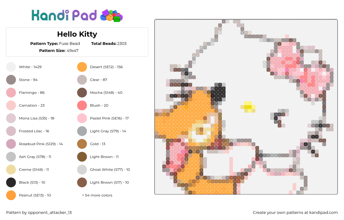 Hello Kitty - Fuse Bead Pattern by opponent_attacker_13 on Kandi Pad - sanrio