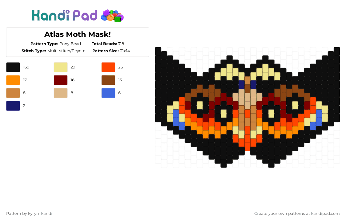 Atlas Moth Mask! - Pony Bead Pattern by kyryn_kandi on Kandi Pad - black,orange,red,yellow