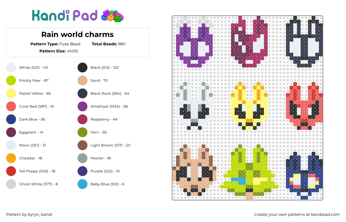 Rain world charms - Fuse Bead Pattern by kyryn_kandi on Kandi Pad - red,purple,beige,blue,colorful