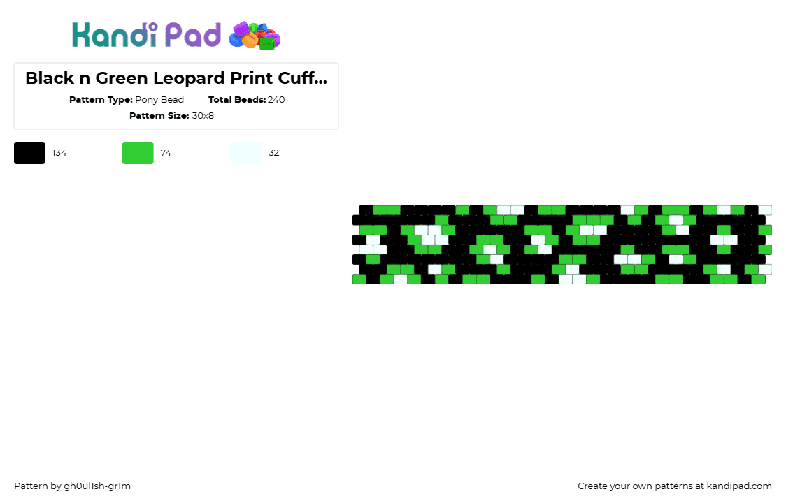 Black n Green Leopard Print Cuff Recolor - Pony Bead Pattern by gh0ul1sh-gr1m on Kandi Pad - green,white,cuff,leopard print,animal print,black,neon,dark,scene