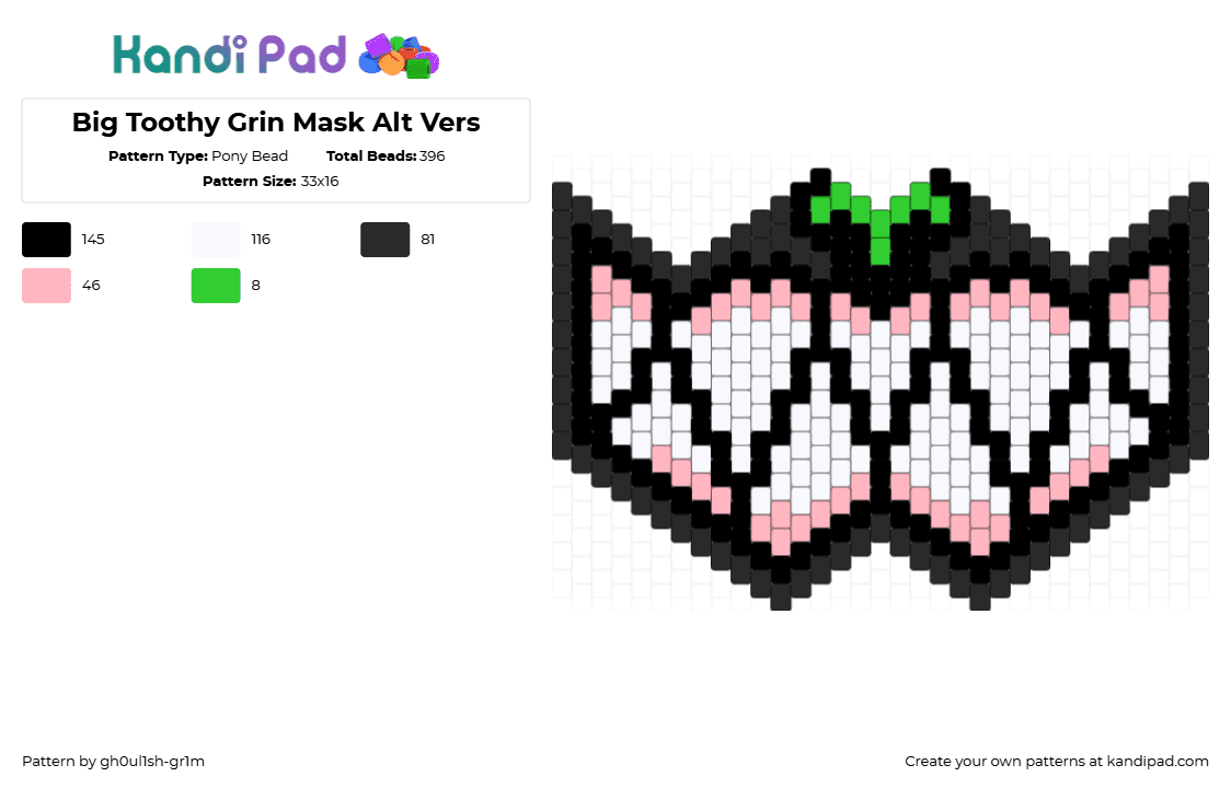 Big Toothy Grin Mask Alt Vers - Pony Bead Pattern by gh0ul1sh-gr1m on Kandi Pad - black,white,pink,fangs,teeth,animal,grin,smile,mask