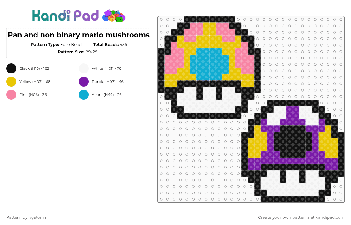 Pan and non binary mario mushrooms - Fuse Bead Pattern by ivystorm on Kandi Pad - pride,pan,non binary,lgbtqia,yellow,purple