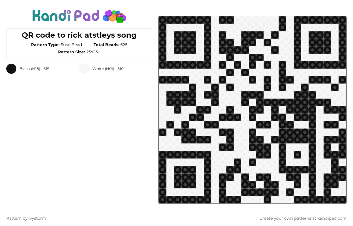 QR code to rick atstleys song - Fuse Bead Pattern by ivystorm on Kandi Pad - black,white,ivystormmakes
