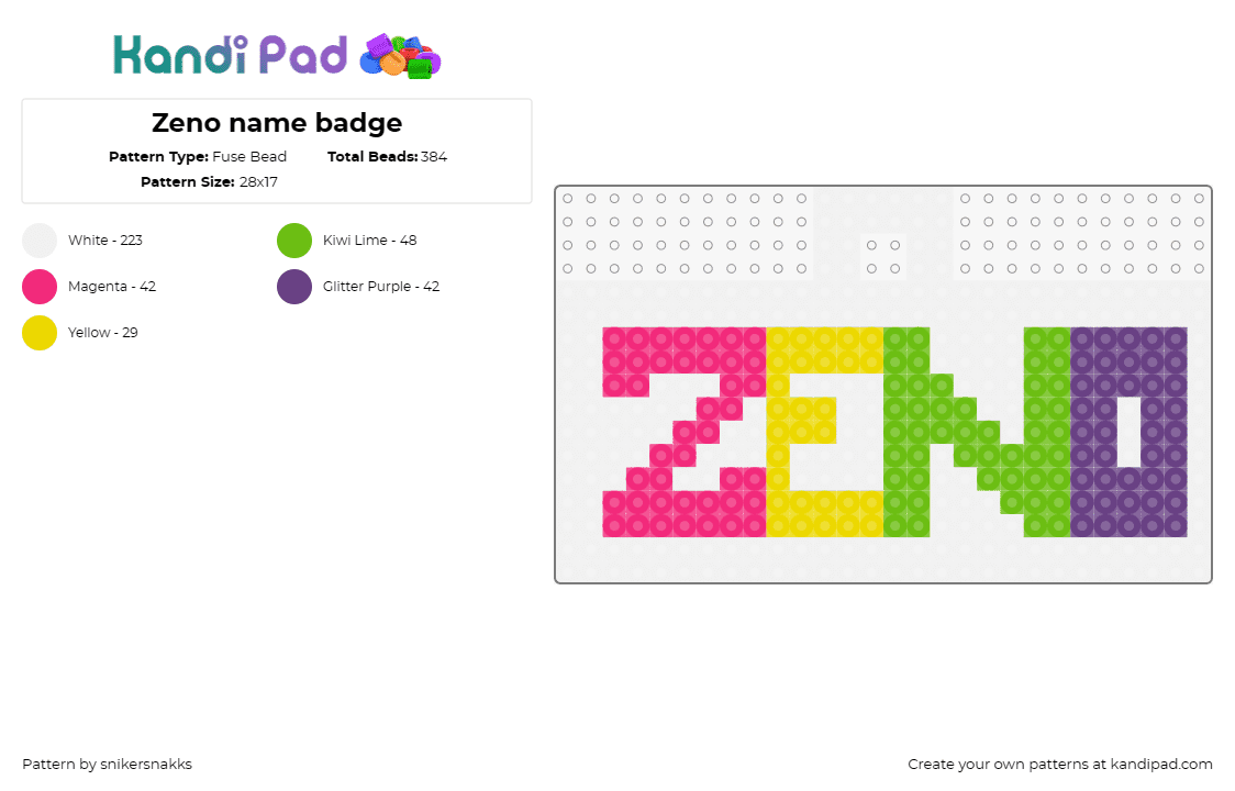 Zeno name badge - Fuse Bead Pattern by snikersnakks on Kandi Pad - text,badge,name,personalized,identity,typography,bold,vibrant,custom,colorful