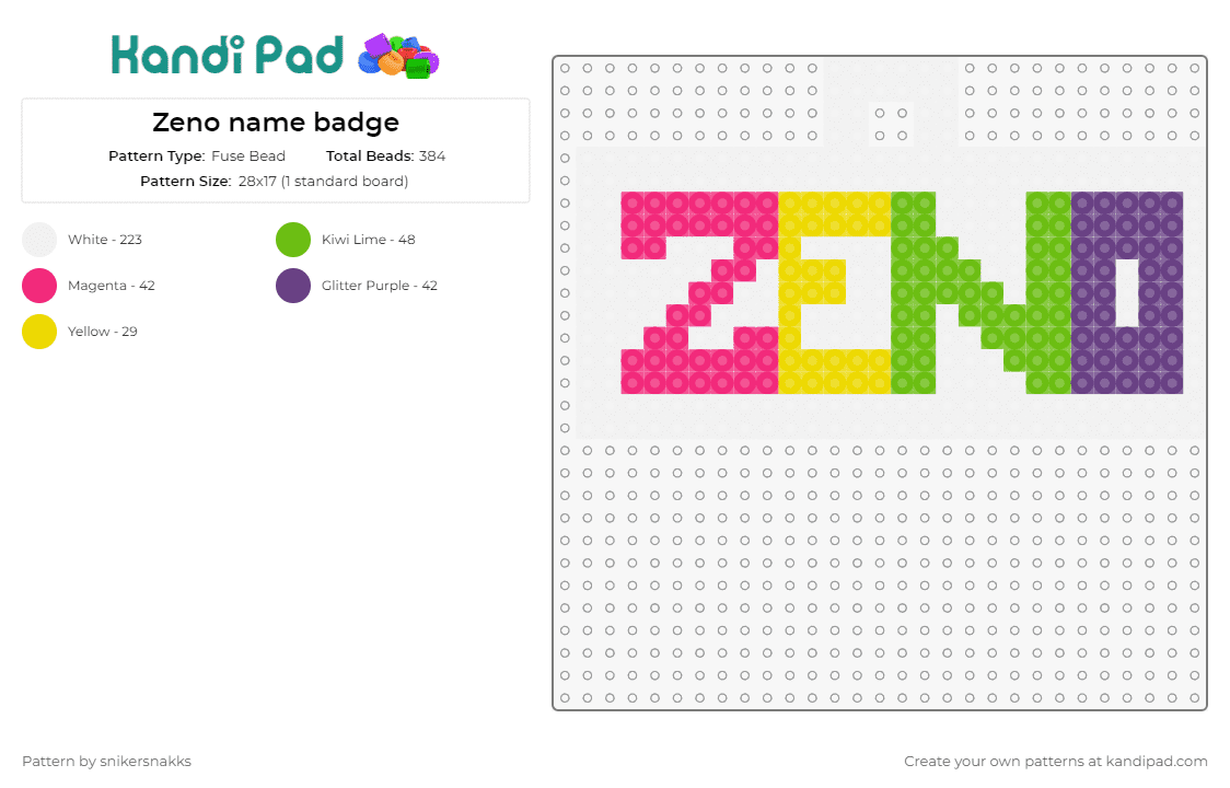 Zeno name badge - Fuse Bead Pattern by snikersnakks on Kandi Pad - text,badge,name,personalized,identity,typography,bold,vibrant,custom,colorful