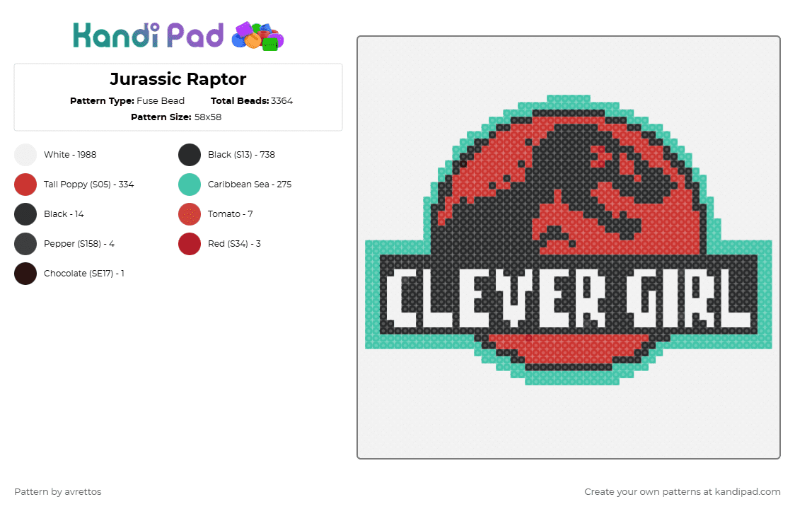 Jurassic Raptor - Fuse Bead Pattern by avrettos on Kandi Pad - white,teal,red,jurassic park,clever girl,raptor