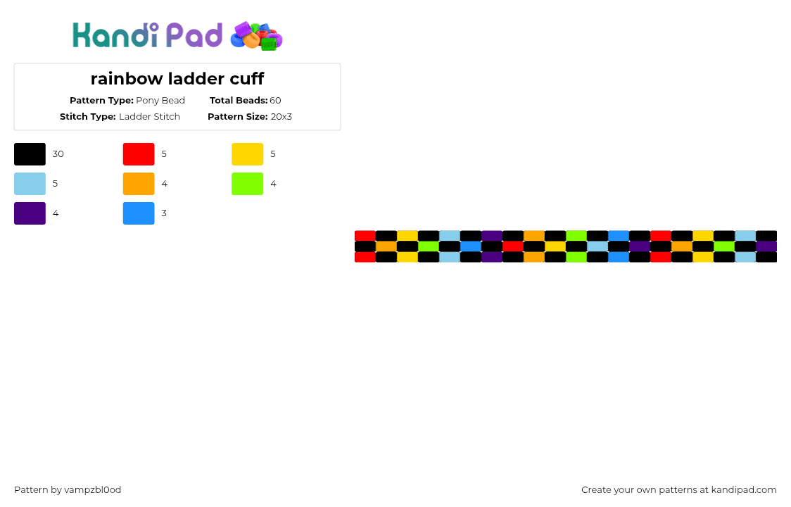 rainbow ladder cuff - Pony Bead Pattern by vampzbl0od on Kandi Pad - black,red,yellow,light blue