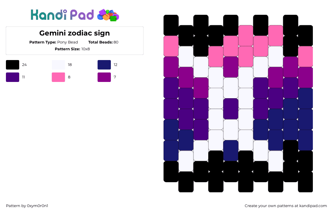 Gemini zodiac sign - Pony Bead Pattern by 0xym0r0n1 on Kandi Pad - pink,purple