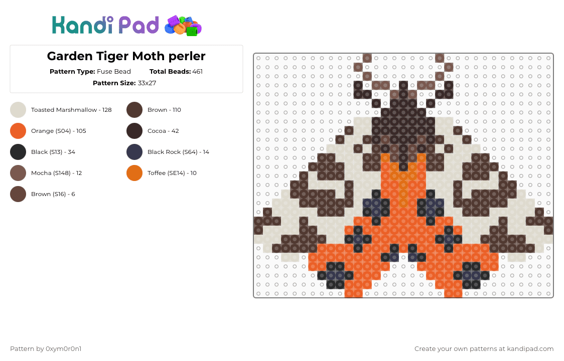 Garden Tiger Moth perler - Fuse Bead Pattern by 0xym0r0n1 on Kandi Pad - moth,garden tiger moth,insect,butterfly,animal,brown,orange,beige