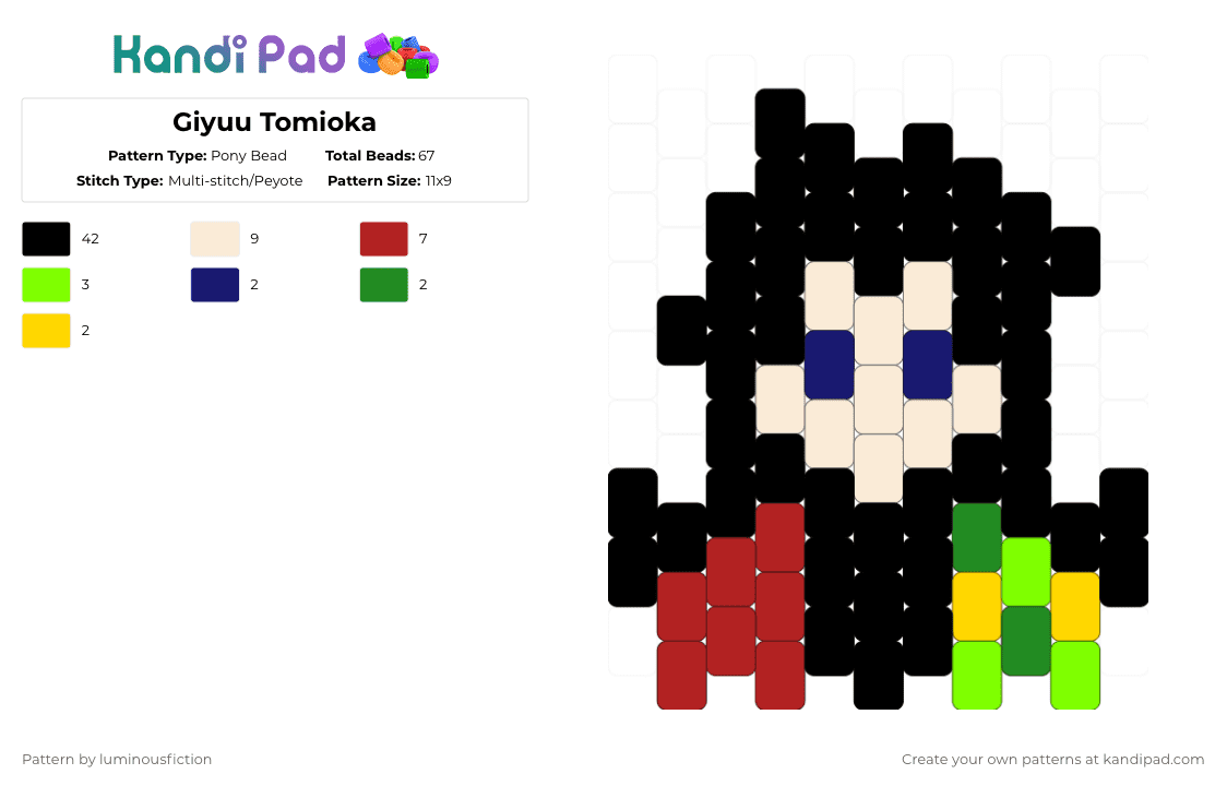 Giyuu Tomioka - Pony Bead Pattern by luminousfiction on Kandi Pad - black,red,green,giyu,kny,kimetsu no yaiba,demonslayer,demon slayer