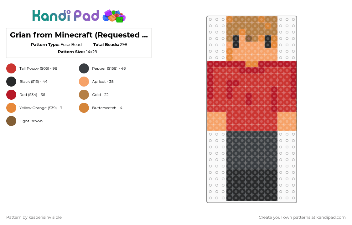 Grian from Minecraft (Requested by @frenchiest_fry) - Fuse Bead Pattern by deleted_user_785913 on Kandi Pad - red