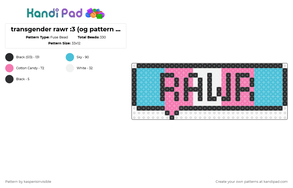 transgender rawr :3 (og pattern by ilovedhruv go follow them!!!!) - Fuse Bead Pattern by deleted_user_785913 on Kandi Pad - light blue,pink,transgender,therian,follow ilovedhruv,hehehehe,rawr,kandikid,2000s,scene