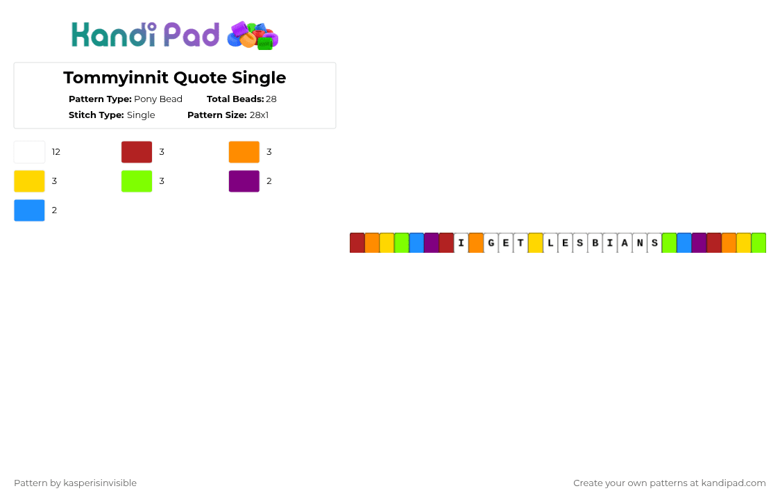 Tommyinnit Quote Single - Pony Bead Pattern by deleted_user_785913 on Kandi Pad - white,orange,green,colorful