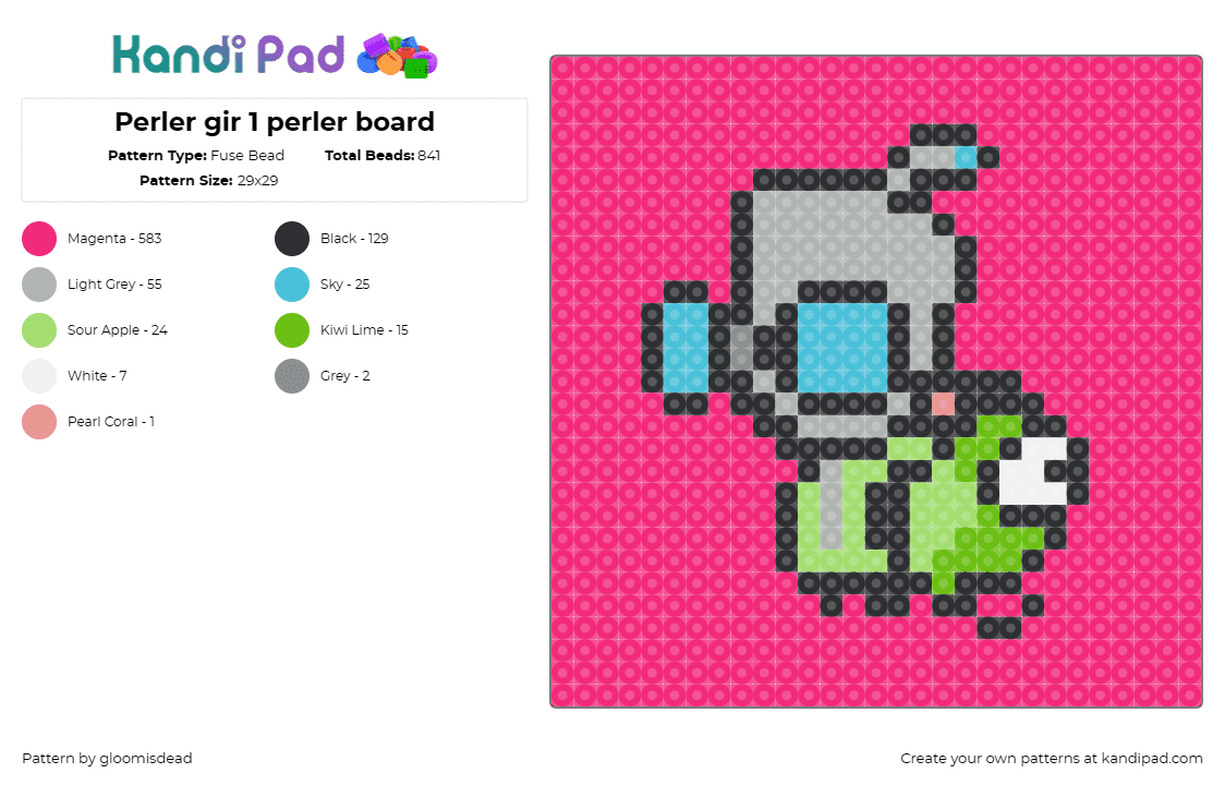 Perler gir 1 perler board - Fuse Bead Pattern by gloomisdead on Kandi Pad - gir,invader zim,cartoon,robot,costume,character,alien,tv show,green,gray