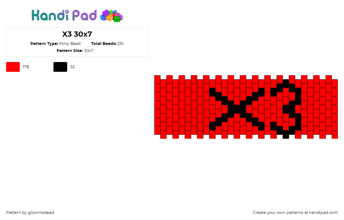 X3 30x7 - Pony Bead Pattern by gloomisdead on Kandi Pad - text,cuff,bold,statement,letter,typography,symbolic,simple,contrast,red