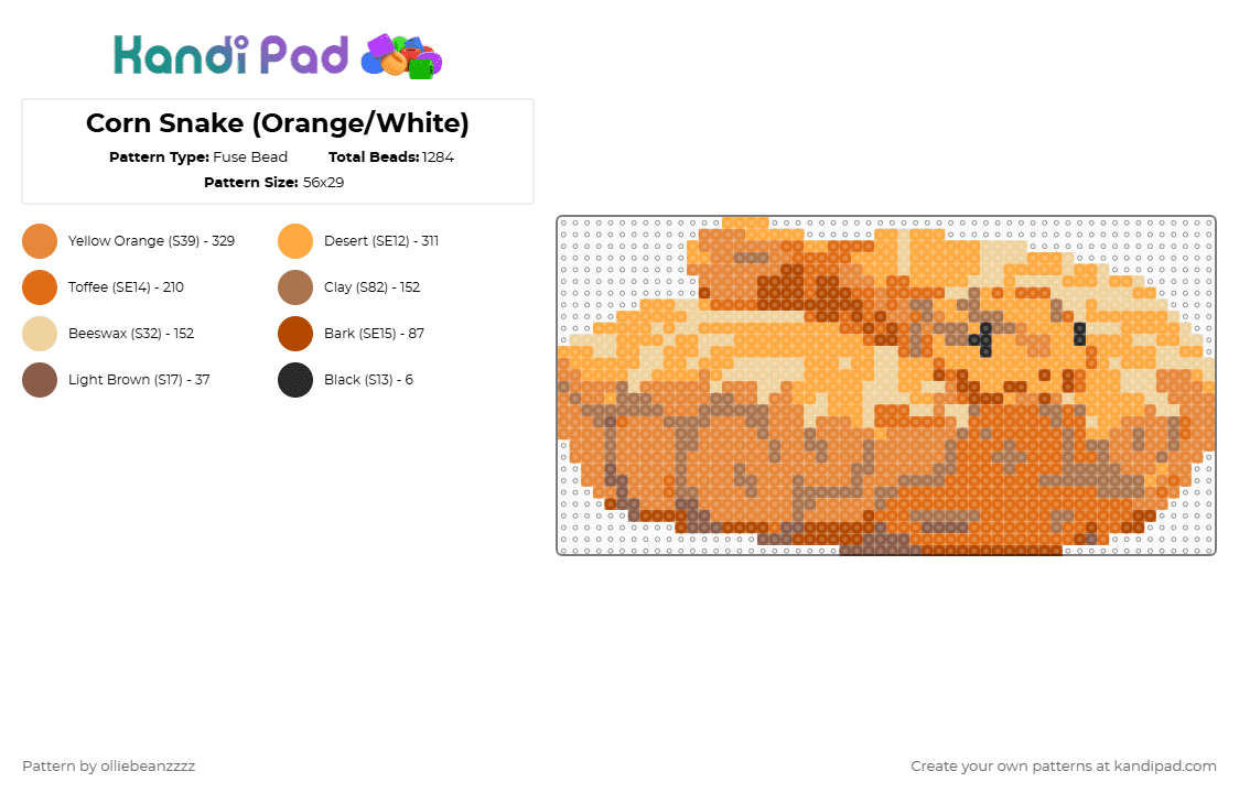 Corn Snake (Orange/White) - Fuse Bead Pattern by olliebeanzzzz on Kandi Pad - orange