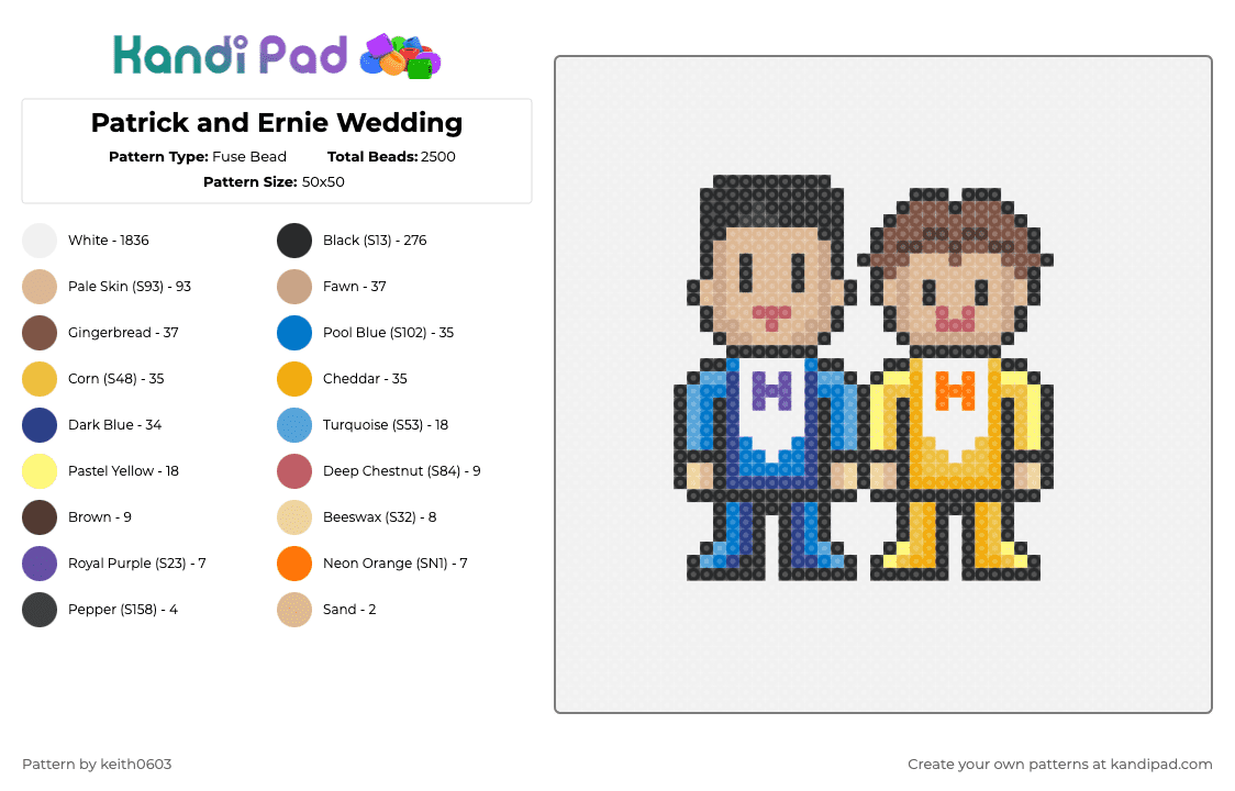 Patrick and Ernie Wedding - Fuse Bead Pattern by keith0603 on Kandi Pad - white,blue,orange,tan,colorful