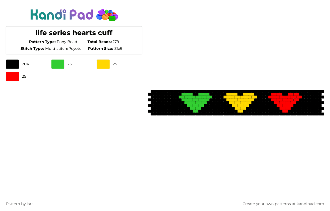life series hearts cuff - Pony Bead Pattern by lars on Kandi Pad - black,green,yellow,red