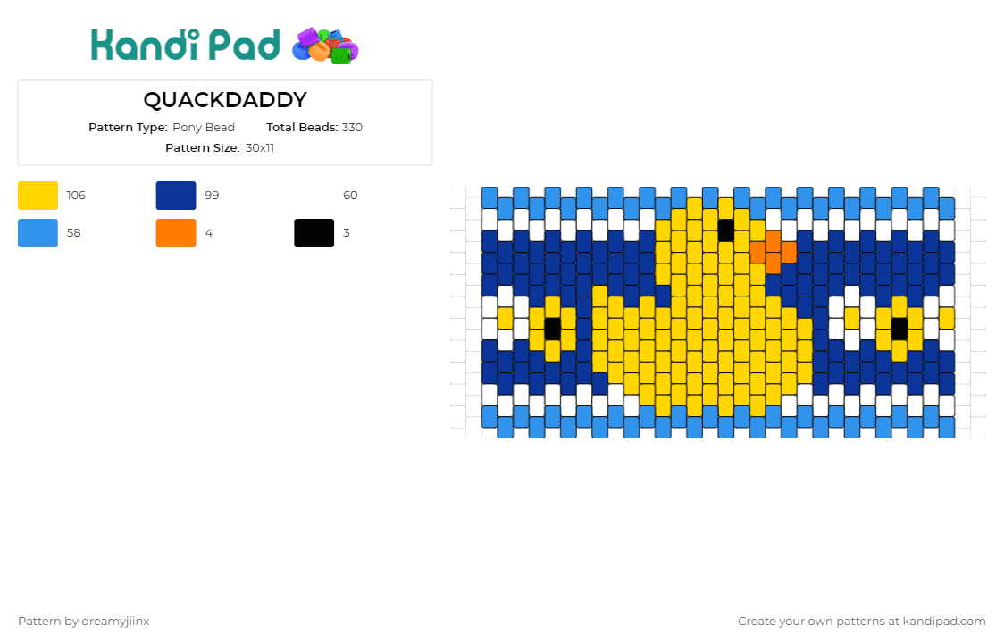 QUACKDADDY - Pony Bead Pattern by dreamyjiinx on Kandi Pad - rubber ducky,animal,water,cuff,playful,whimsical,bath time,toy,fun,childhood,yellow,blue