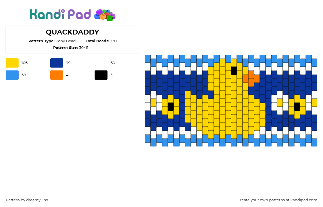 QUACKDADDY - Pony Bead Pattern by dreamyjiinx on Kandi Pad - rubber ducky,animal,water,cuff,playful,whimsical,bath time,toy,childhood,yellow,