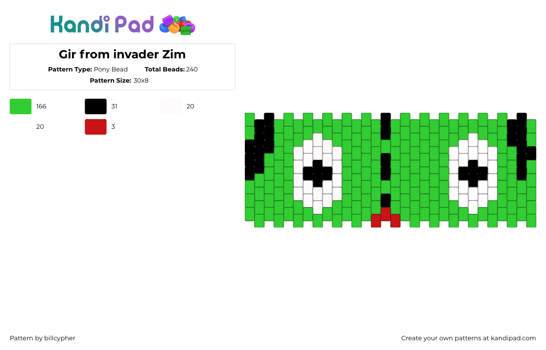 Gir from invader Zim - Pony Bead Pattern by billcypher on Kandi Pad - gir,invader zim,cuff eyes,cartoon,tv show,green