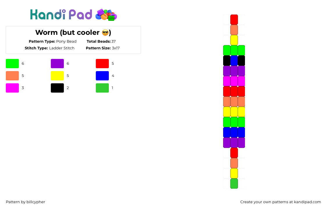 Worm (but cooler 😎) - Pony Bead Pattern by billcypher on Kandi Pad - green,purple,worm,rainbow,stripy,cool