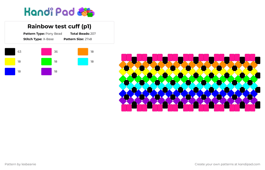 Rainbow test cuff (p1) - Pony Bead Pattern by lesbeanie on Kandi Pad - pink,purple,rainbow,coff,x base,x cuff,rainbow cuff,kandi,kandi cuff,rainbow kandi