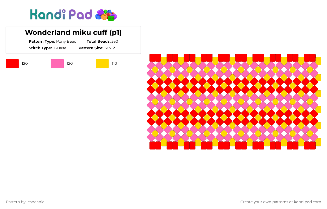 Wonderland miku cuff (p1) - Pony Bead Pattern by lesbeanie on Kandi Pad - red,pink,miku,hatsune miku,colourful stage,project sekai,wonderland,wonderland miku