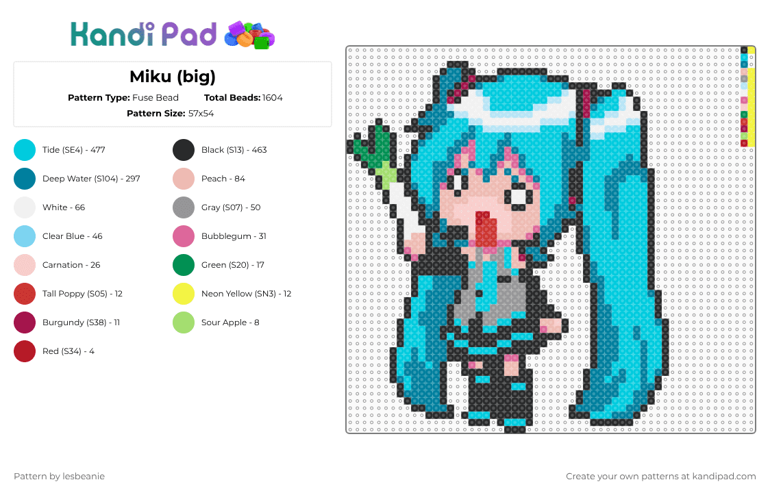 Miku (big) - Fuse Bead Pattern by lesbeanie on Kandi Pad - light blue,teal