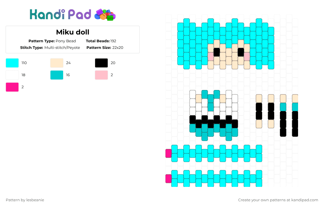 Miku doll - Pony Bead Pattern by lesbeanie on Kandi Pad - light blue