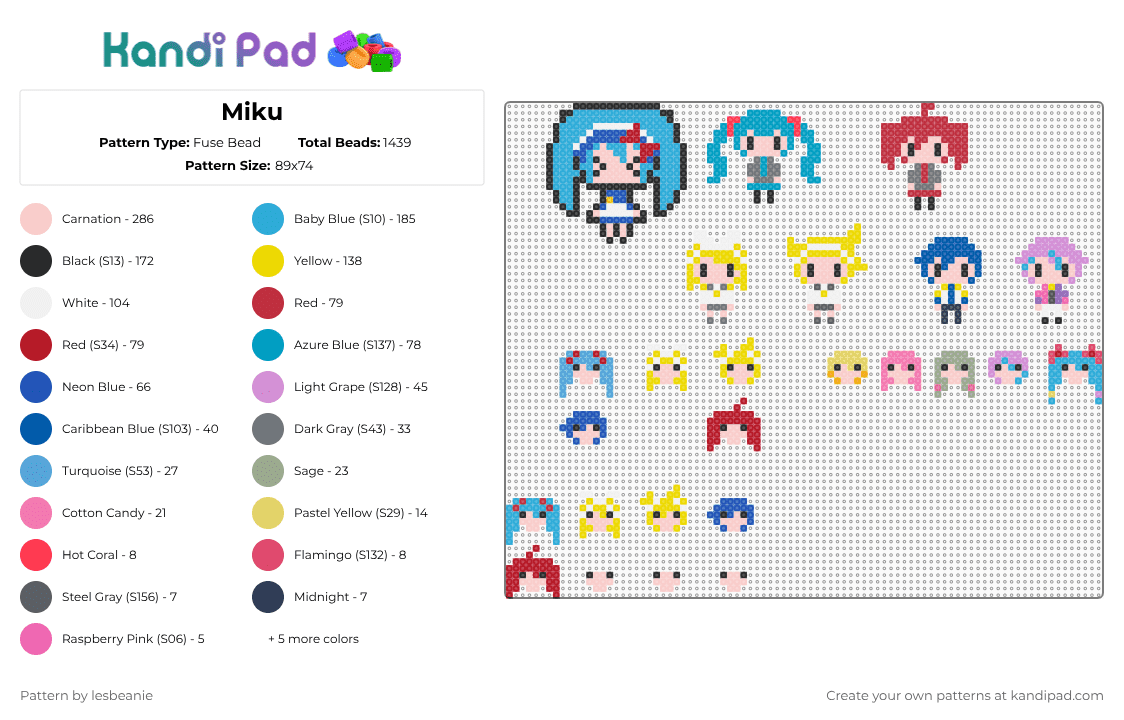 Miku - Fuse Bead Pattern by lesbeanie on Kandi Pad - red,light blue,beige,yellow